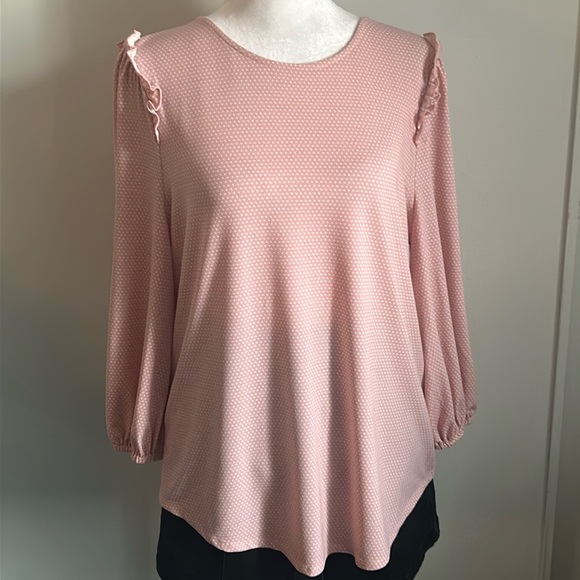 Adrianna Papell Tops - Adrianna Papell Feminine Long Sleeve Polka Dot Ruffled Shoulder Crewneck Blouse